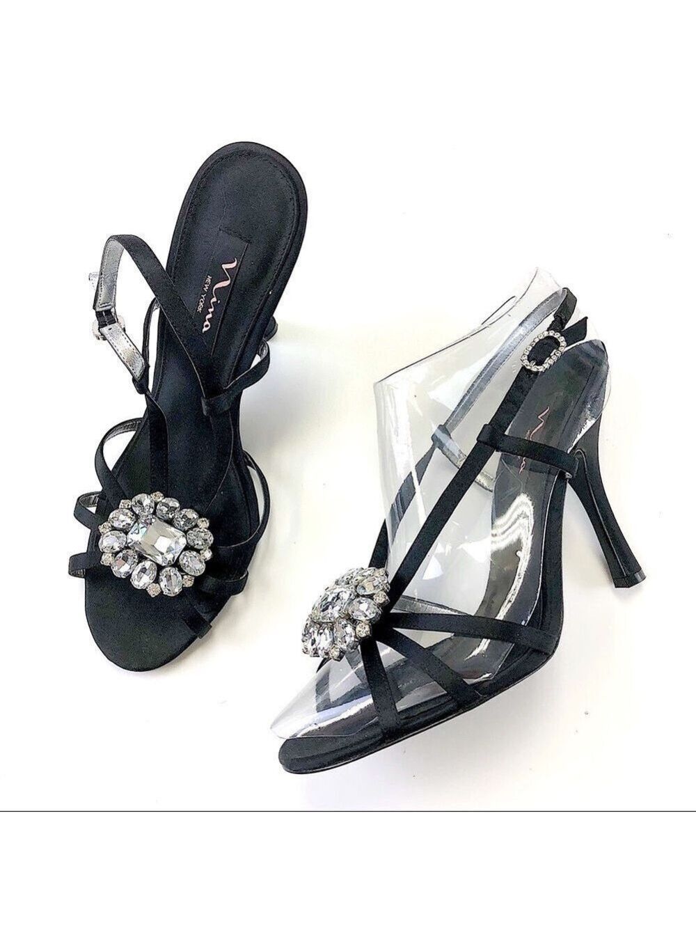 𝅺NINA black satin strappy crystal sandals Size 10  party cocktail formal dressy